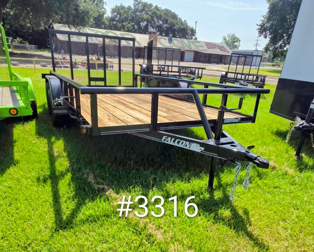 FALCON 7X14 TA..........$3700
RAMP GATE, PIPE TOP, BULLDOG HITCH, TREATED WOOD FLOOR